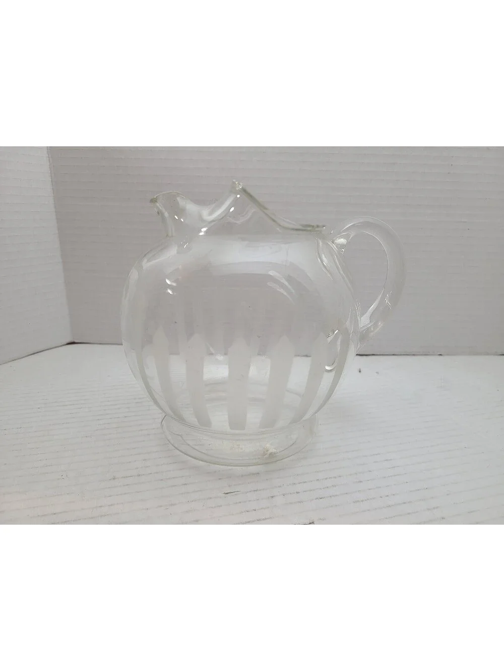Vintage MC Roly Poly Round Small Clear Pitcher Etched Flowers & Picketts